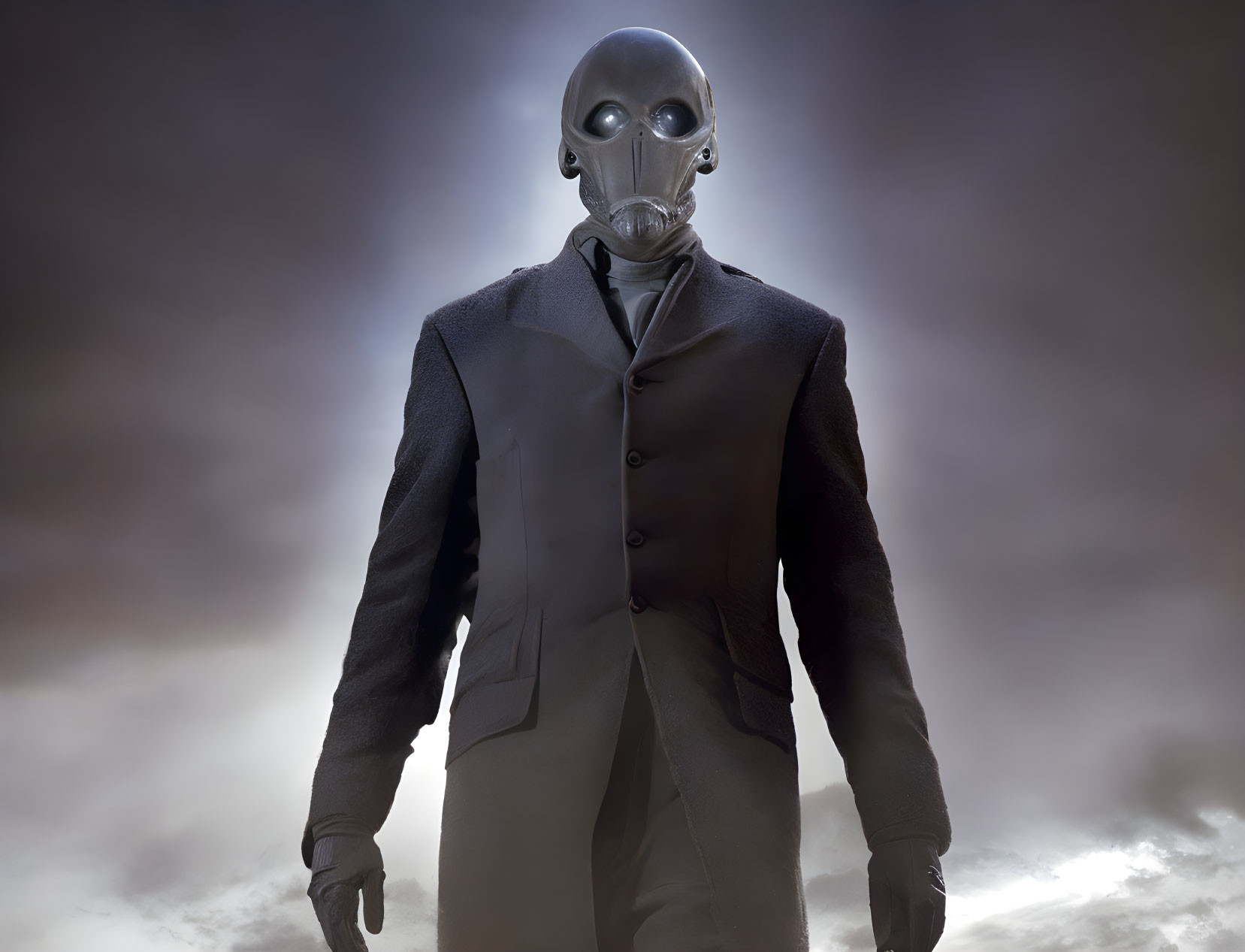 Person in dark suit with vintage gas mask against cloudy backdrop