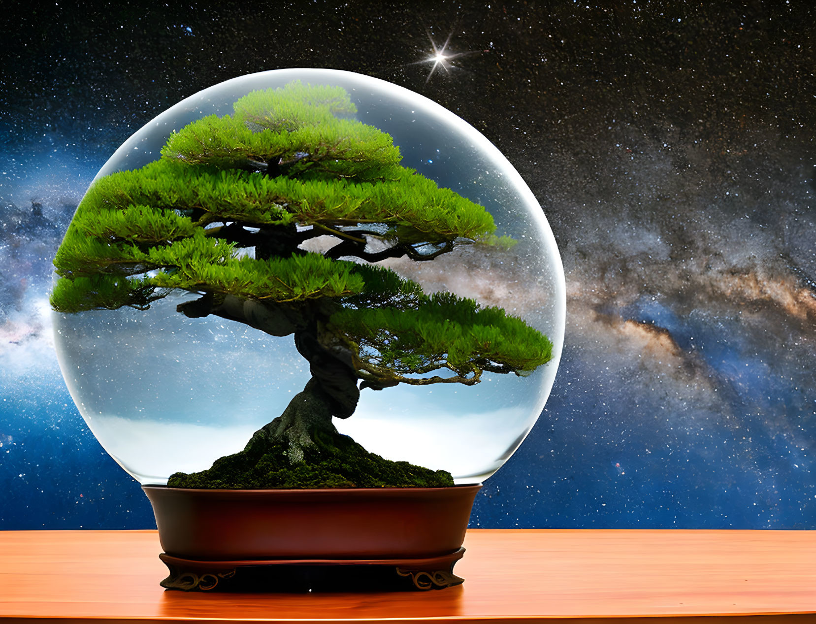 Bonsai tree in transparent sphere with starry sky reflection on wooden surface