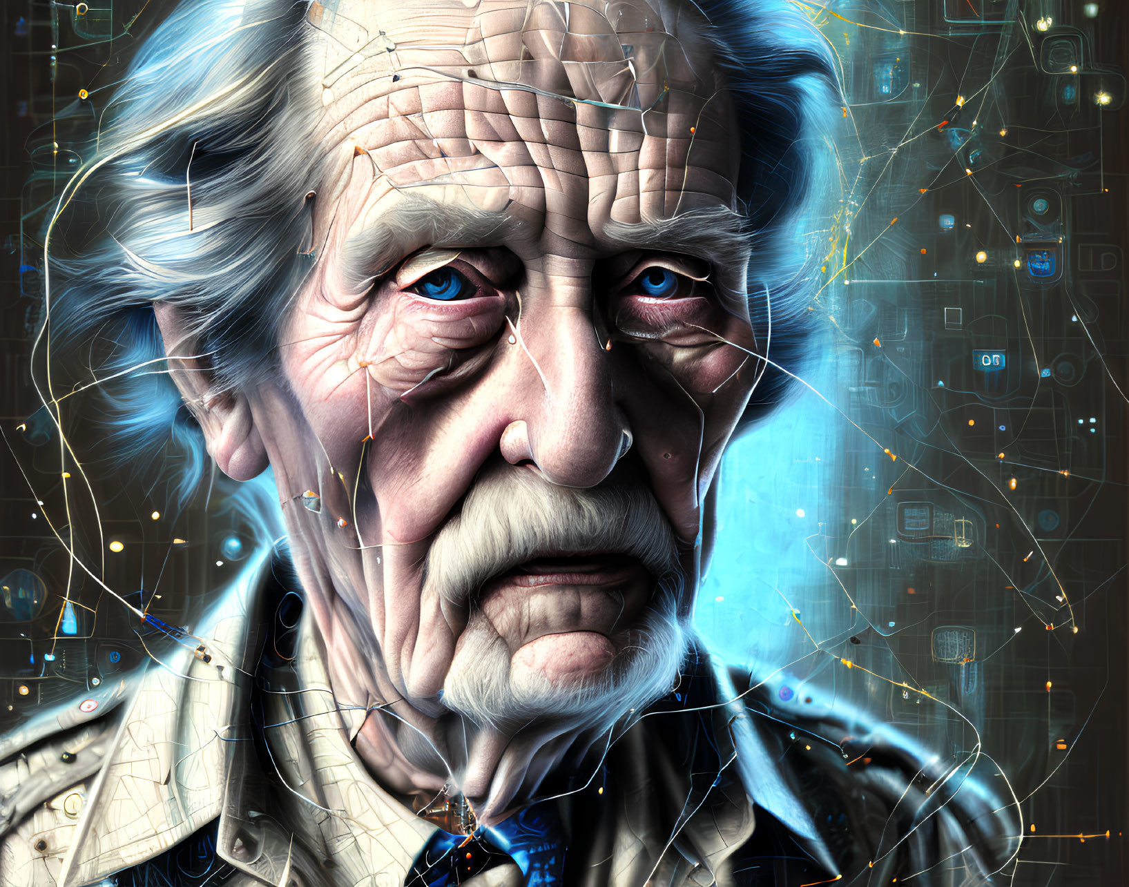 Detailed Digital Art: Elderly Man with Blue Eyes in Futuristic Setting