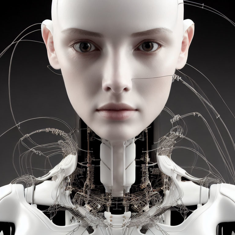 Humanoid Robot with Realistic Female Face and Exposed Mechanical Parts