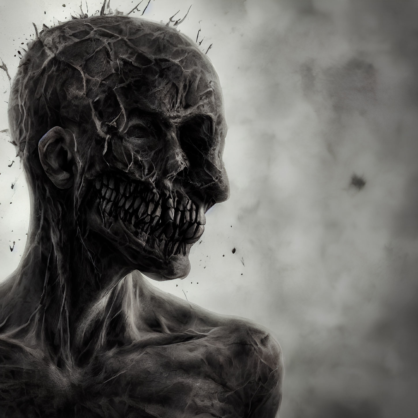 Sinister skeletal figure with cracked skin in monochrome art