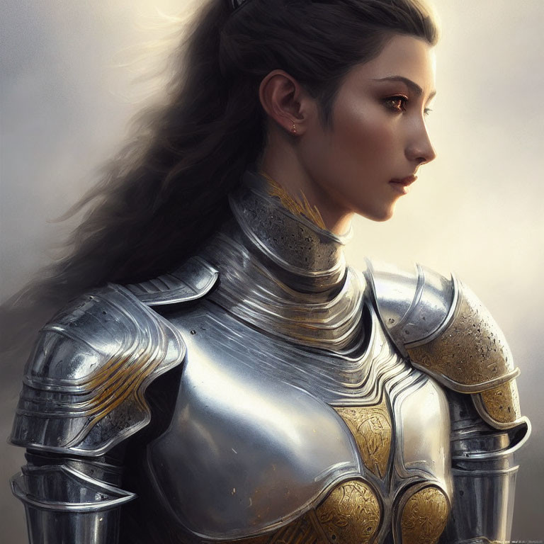 Digital artwork: Woman in ornate medieval armor with flowing hair and thoughtful expression