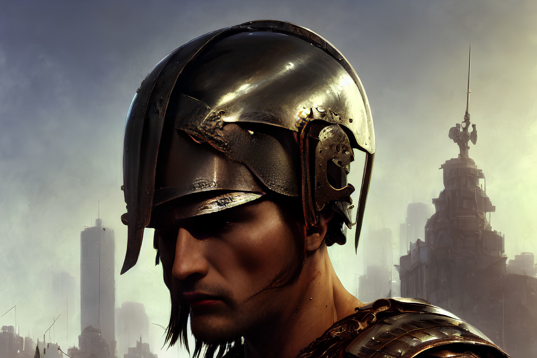 Ancient warrior in metallic helmet against futuristic cityscape