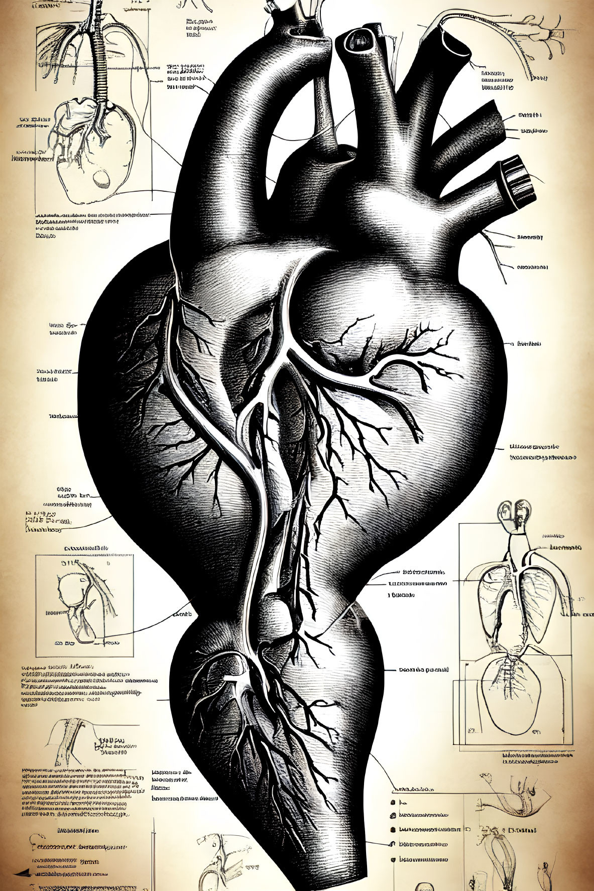 Detailed Vintage-Style Human Heart Illustration with Labeled Parts