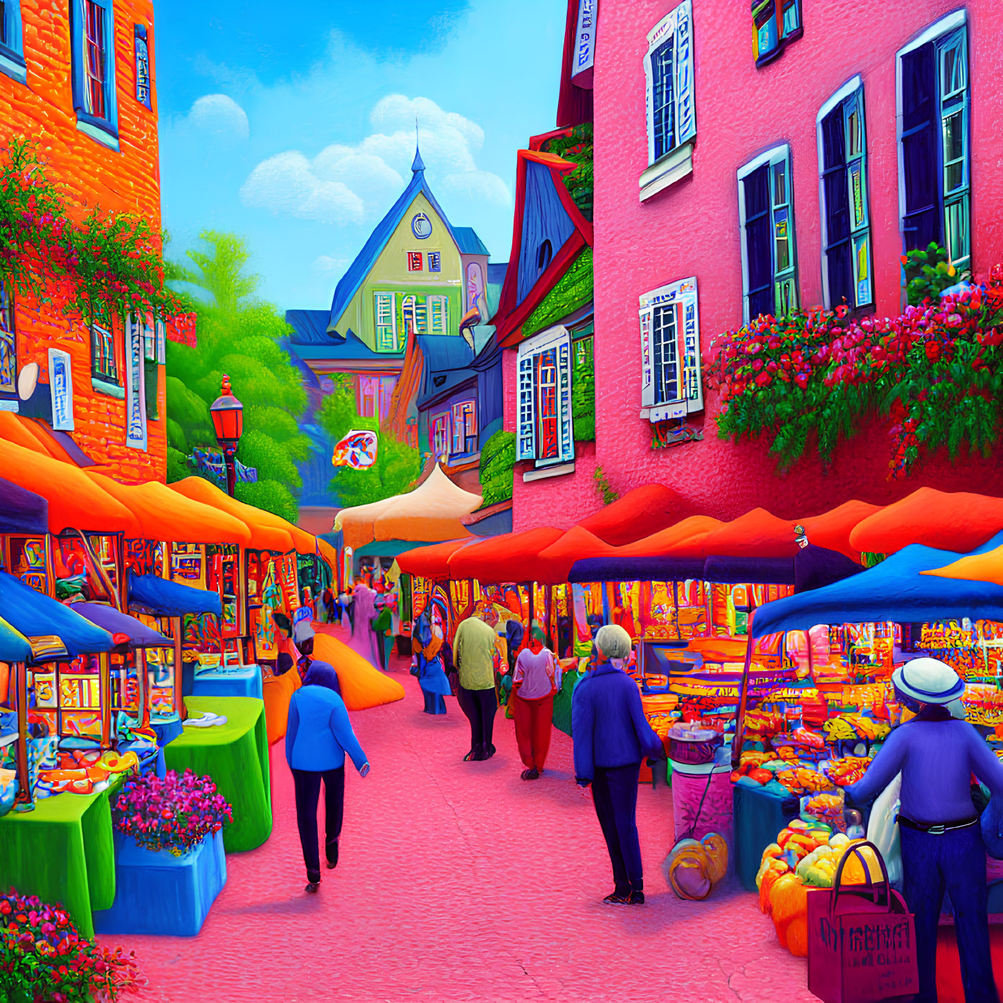 Colorful Outdoor Market Scene with Shoppers and Buildings Under Blue Sky