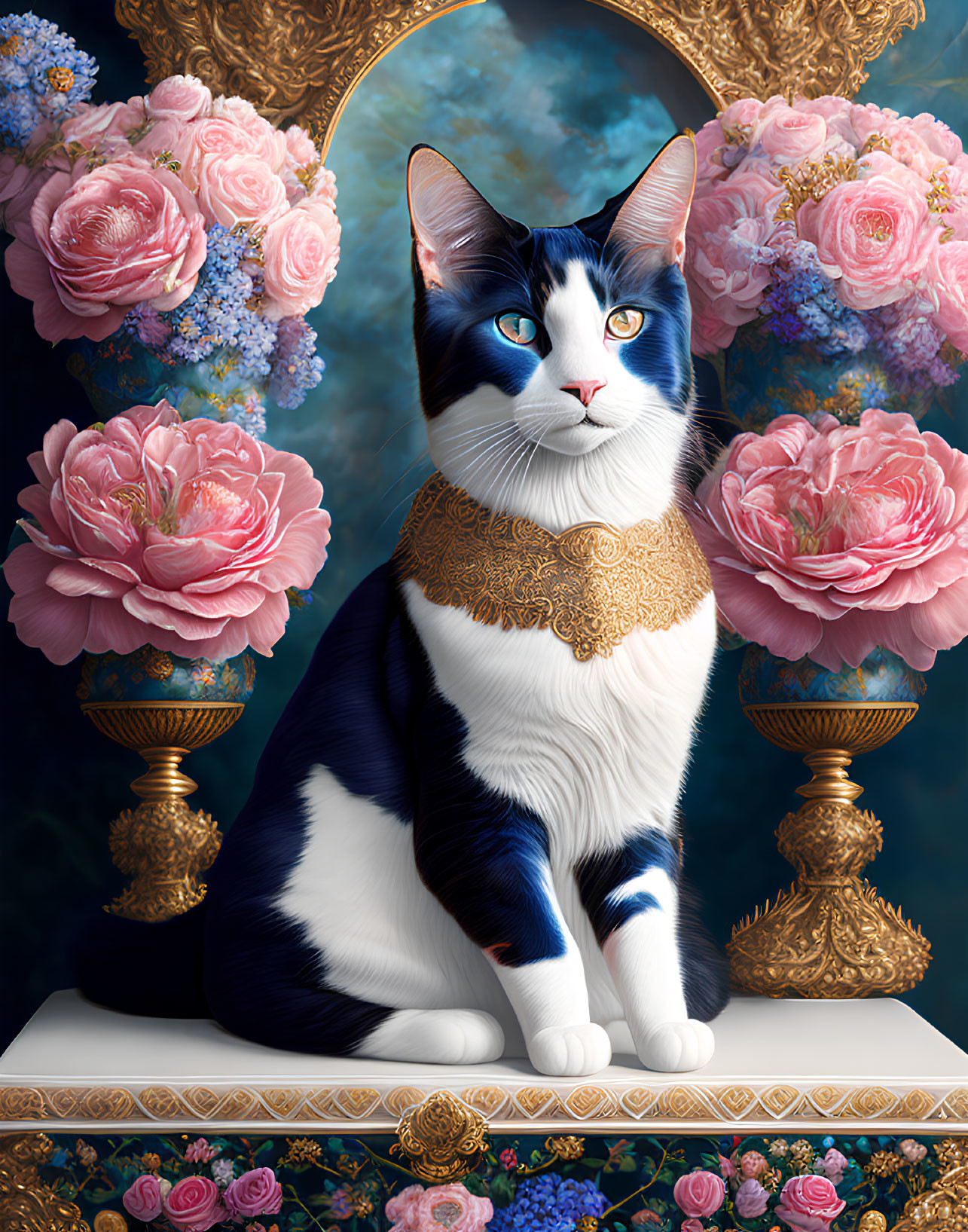 Majestic cat with blue eyes in ornate setting