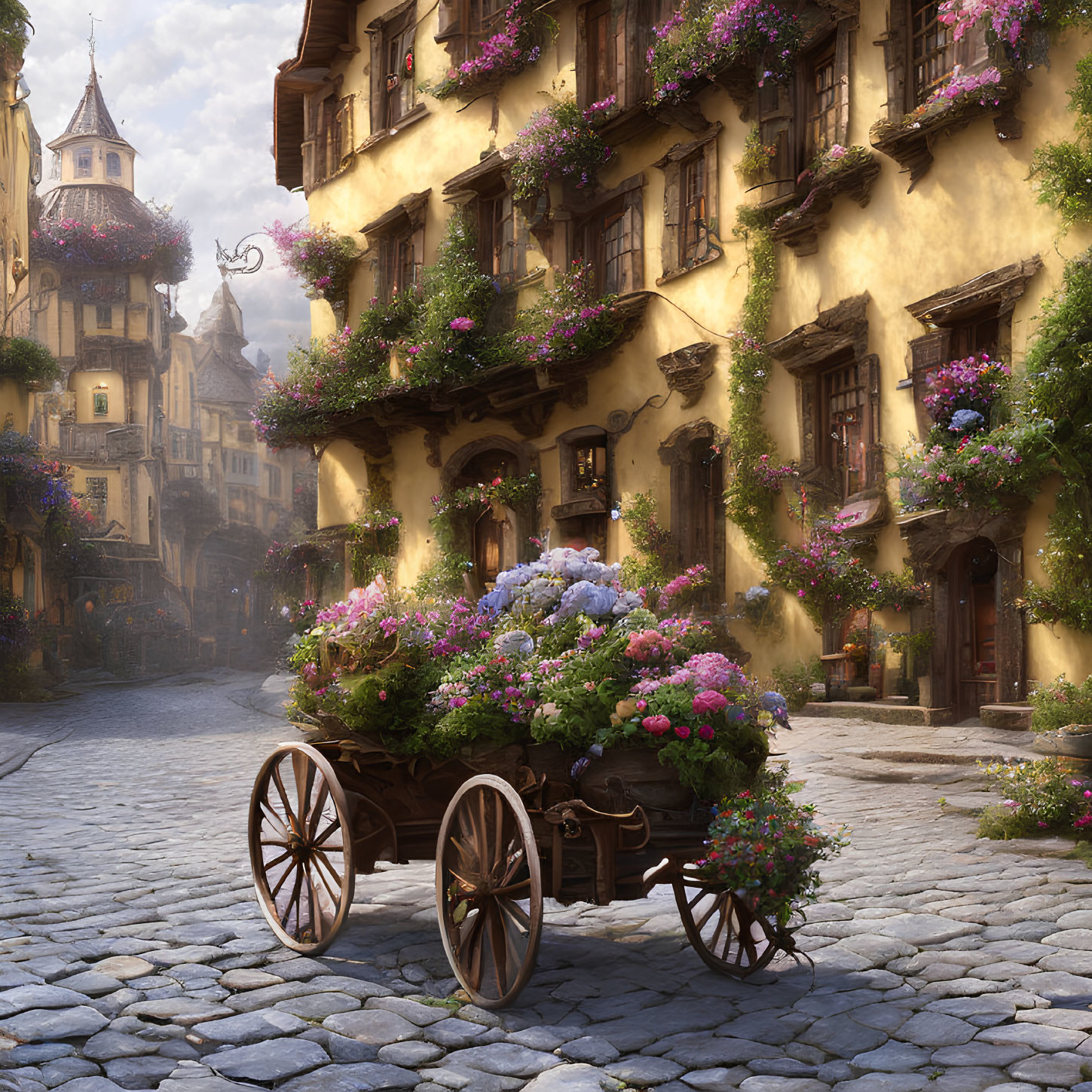Scenic cobblestone street with flower cart and blooming buildings