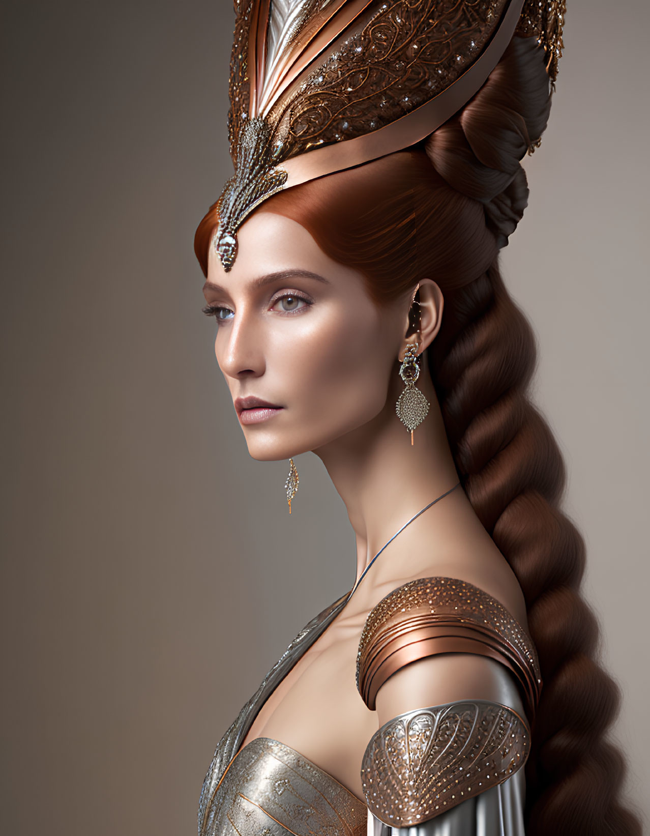 Elaborate headdress and metallic attire on poised woman