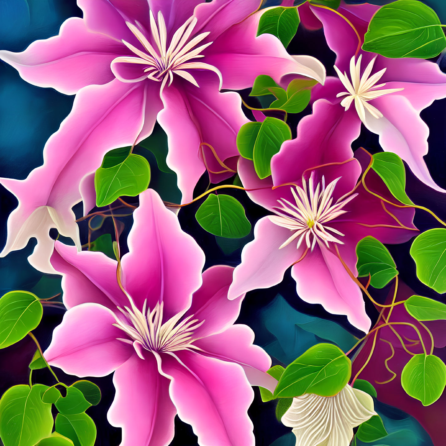 Colorful digital artwork featuring pink clematis flowers and green leaves on dark blue backdrop