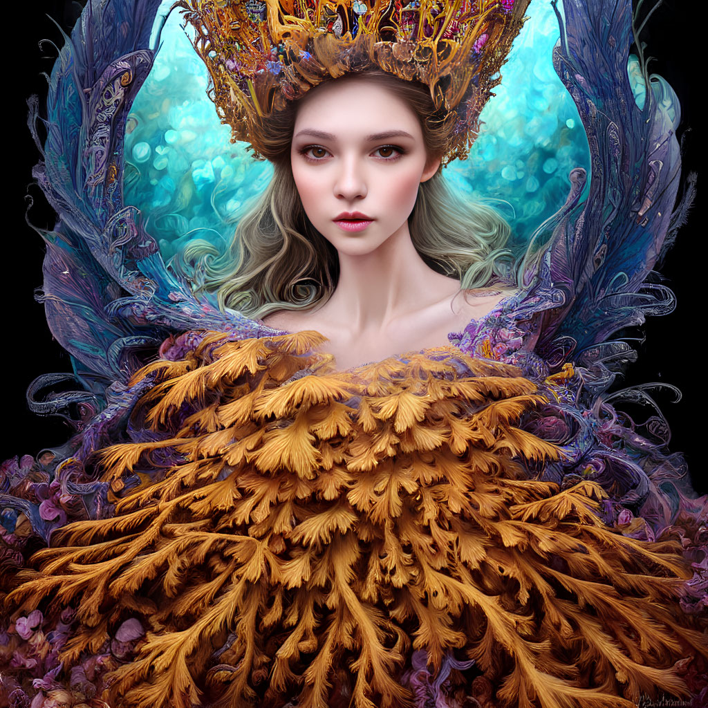 Fantasy portrait of woman with feathered crown and vibrant colors