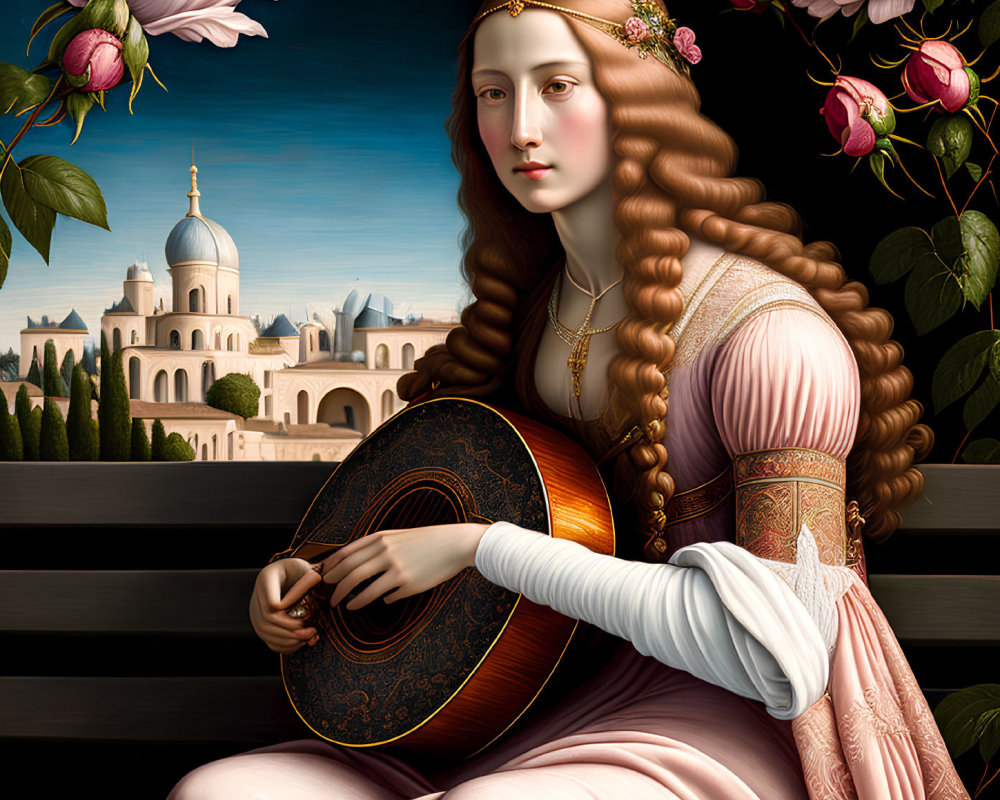 Woman with long wavy hair playing lute in pink dress by roses and cathedral