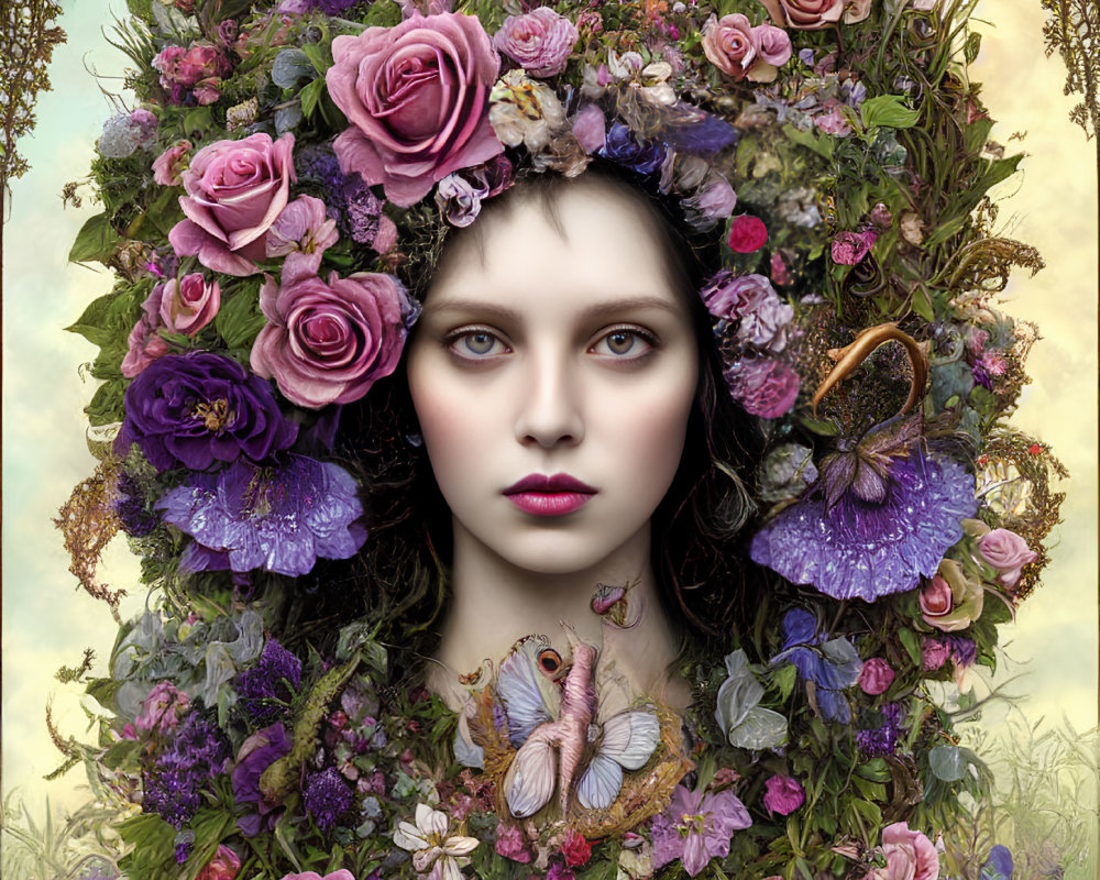 Digital art portrait of woman with floral headdress, roses, and butterflies against natural backdrop