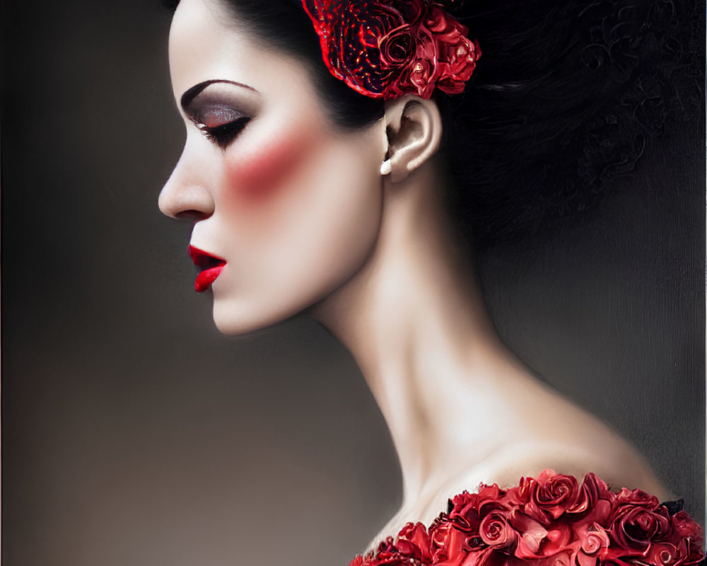Woman adorned with red floral embellishments and roses in hair and dress on dark background