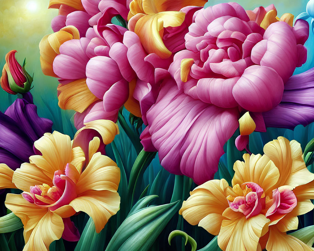 Colorful digital artwork featuring pink peonies, yellow daylilies, green foliage, and soft