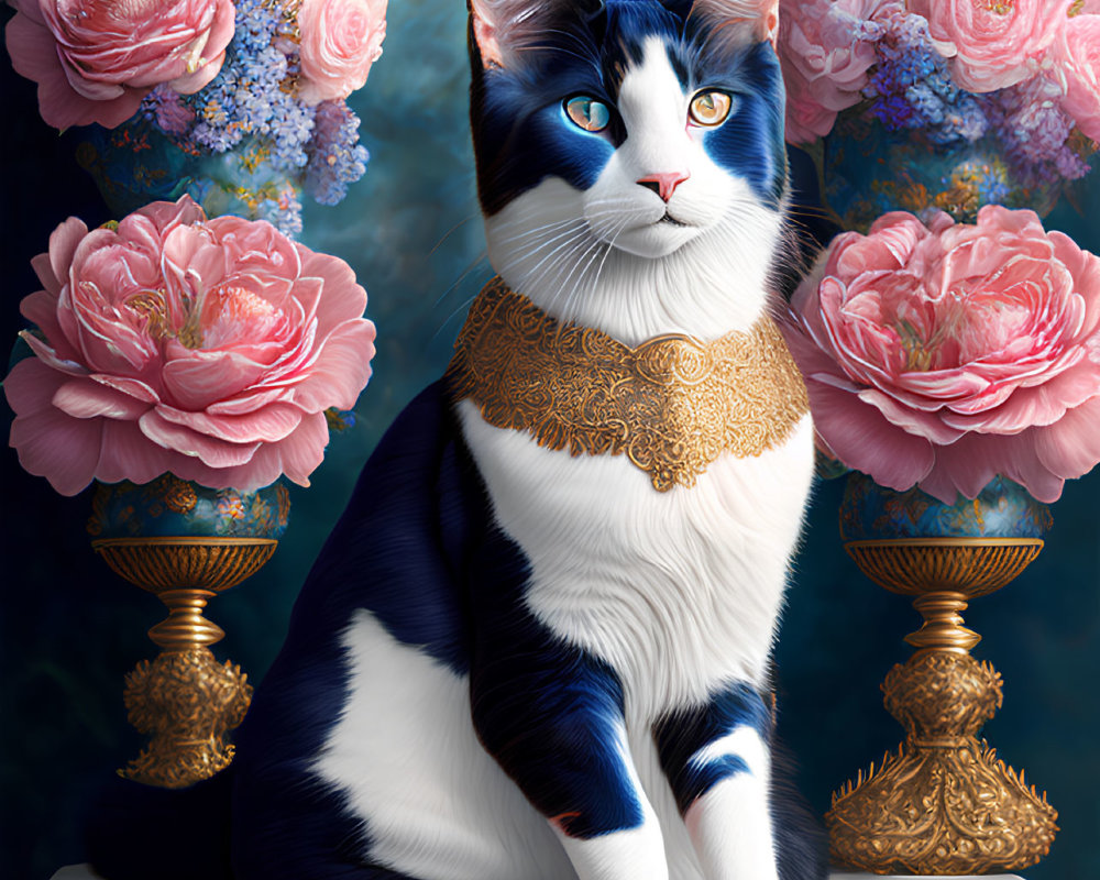 Majestic cat with blue eyes in ornate setting