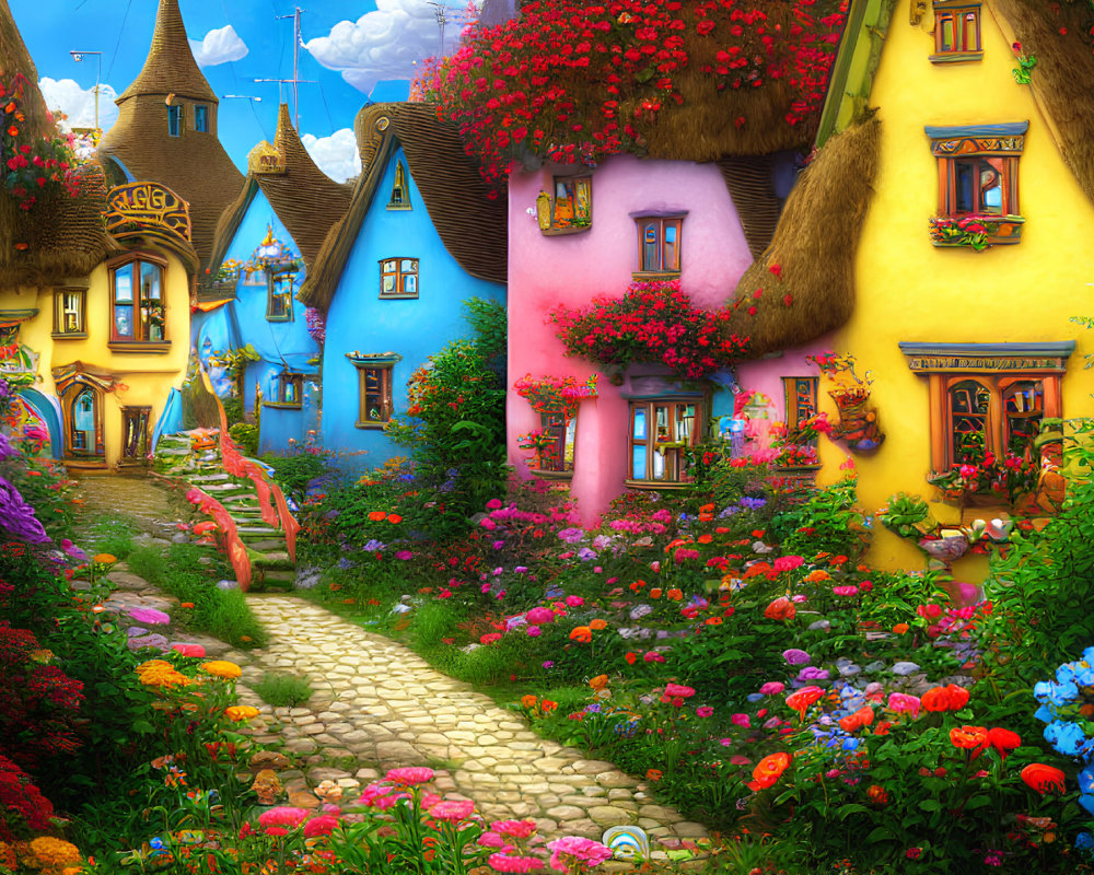 Colorful Thatched-Roof Cottages in Vibrant Fantasy Village