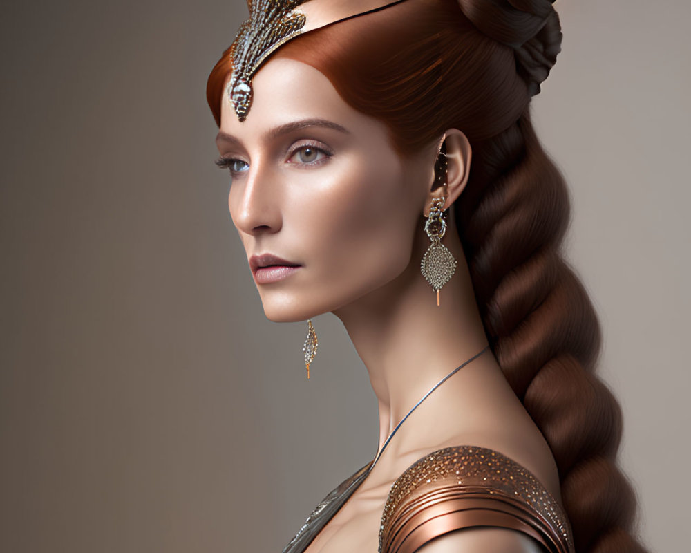 Elaborate headdress and metallic attire on poised woman