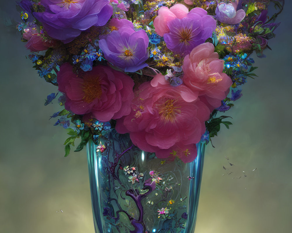 Translucent vase with vibrant pink and purple flowers on soft background