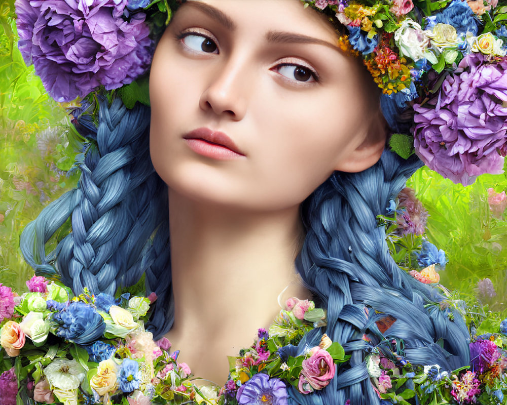 Woman with Blue Braided Hair and Floral Wreath in Lush Flower Setting