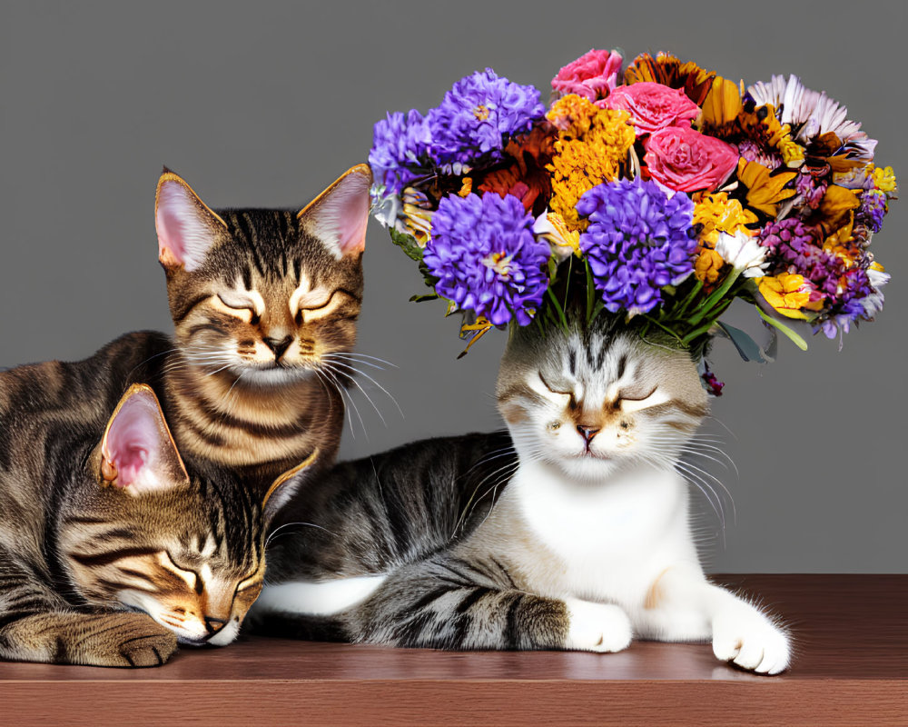 Two Cats Resting with Flowers on Wooden Table