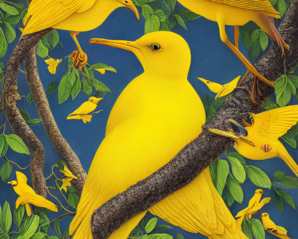 Vibrant yellow birds on dark branches with green leaves against blue background