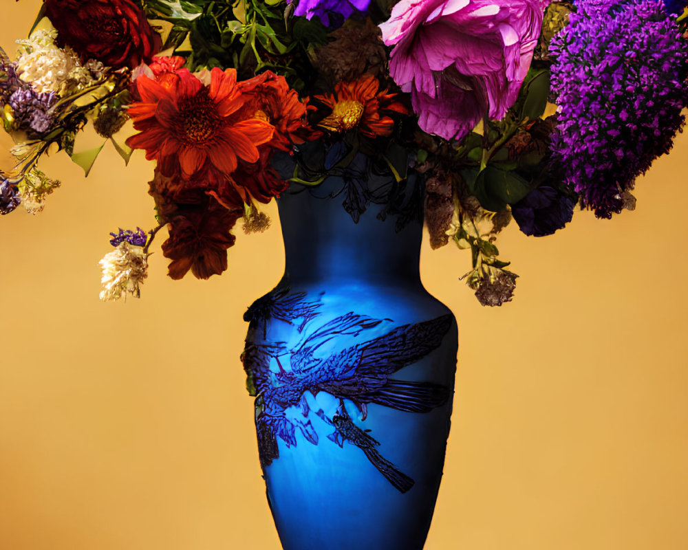 Colorful Flower Bouquet in Blue Vase on Round Table, Orange Background