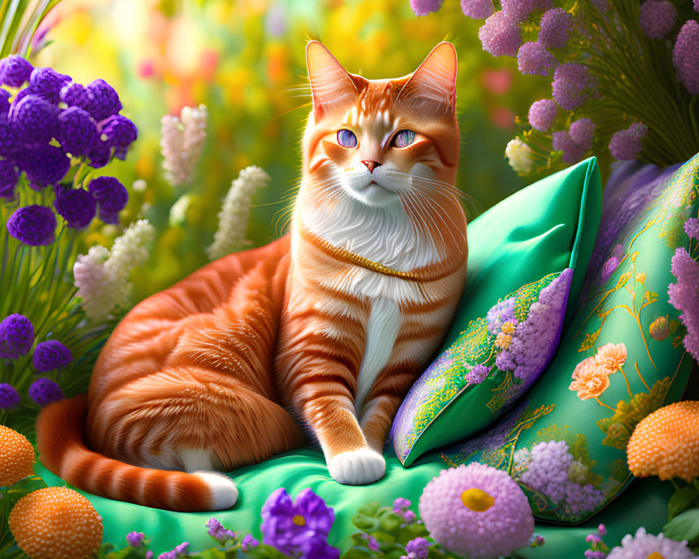 Orange Tabby Cat Relaxing on Green Pillow Among Vibrant Flowers