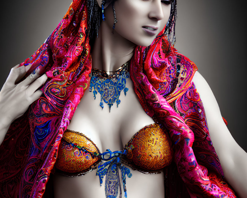 Woman in Red Scarf and Blue Jewelry Poses Against Gray Background