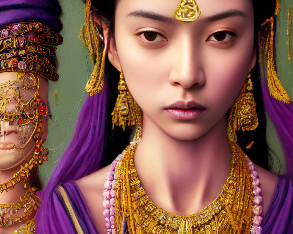 Portrait of Woman in Golden Jewelry and Purple Attire with Asian Influence