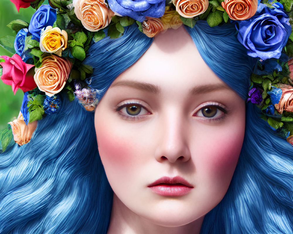 Digital Artwork: Woman with Vibrant Blue Hair and Flower Crown on Green Background