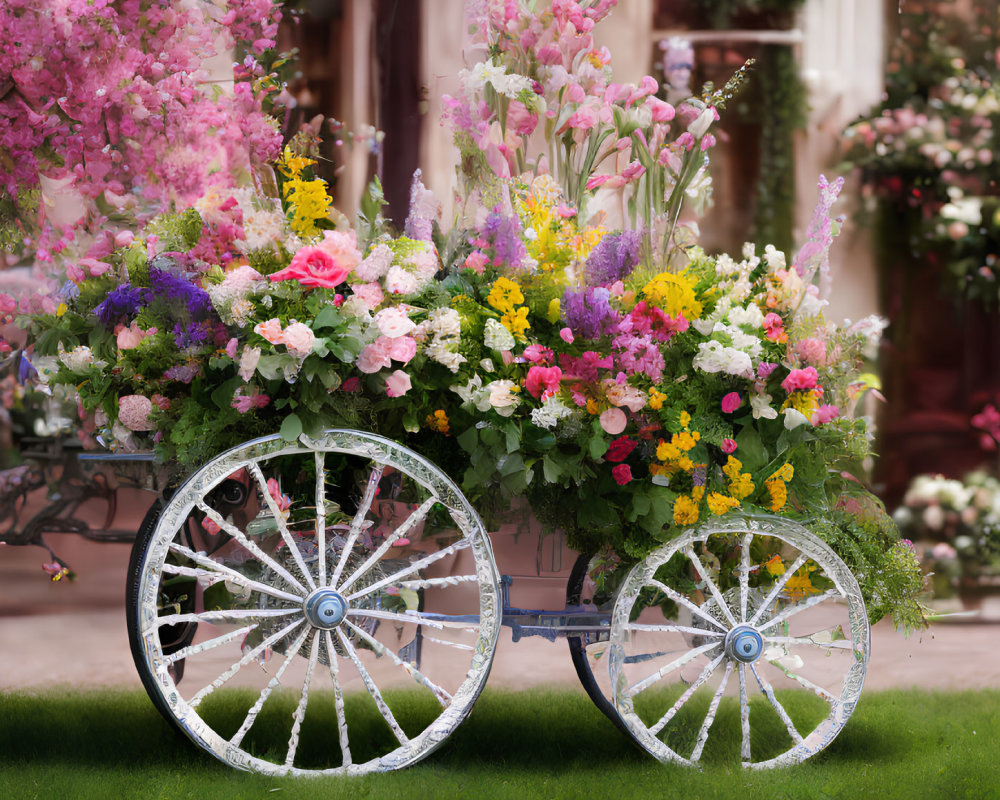 Assorted flowers overflowing from ornate white cart against pink blooms and elegant building