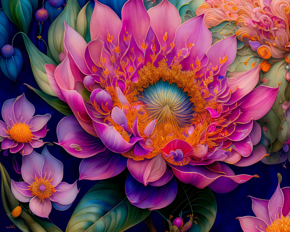 Detailed digital art: Large lotus blossom with pink and purple petals on blue background.