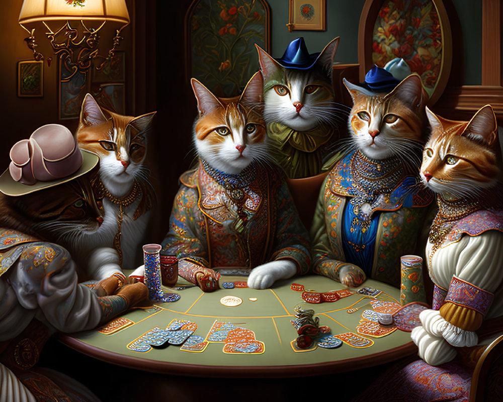 Five Cats in Vintage Clothing Playing Poker in Antique-Style Room