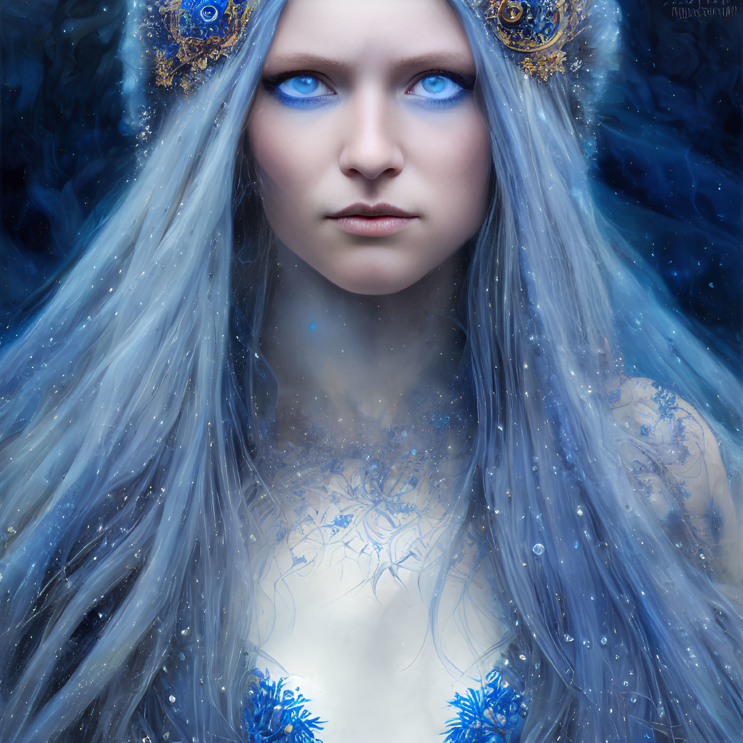 Fantasy-inspired image of person with blue eyes, pale blue hair, and floral skin patterns