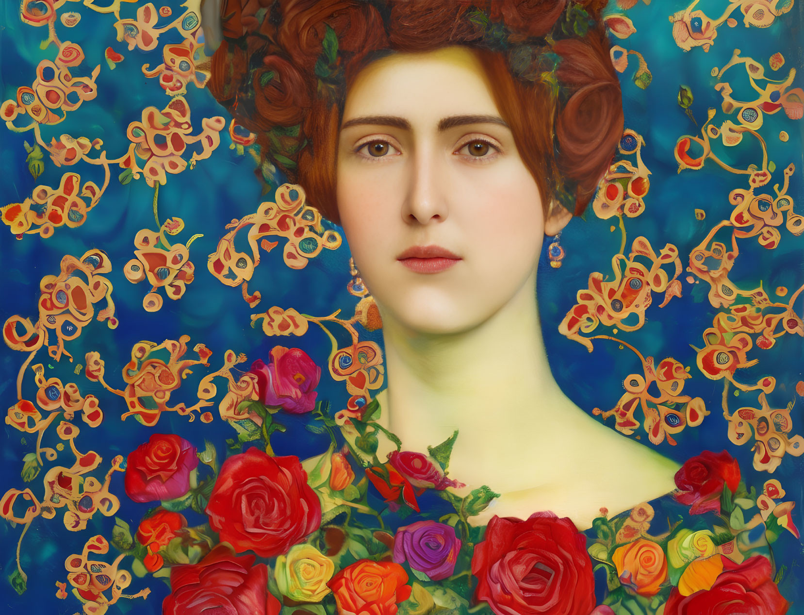 Portrait of woman with auburn hair surrounded by floral patterns