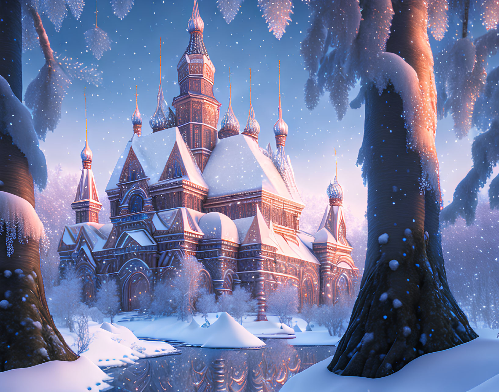 Snow-covered castle with ornate spires in enchanting winter scene