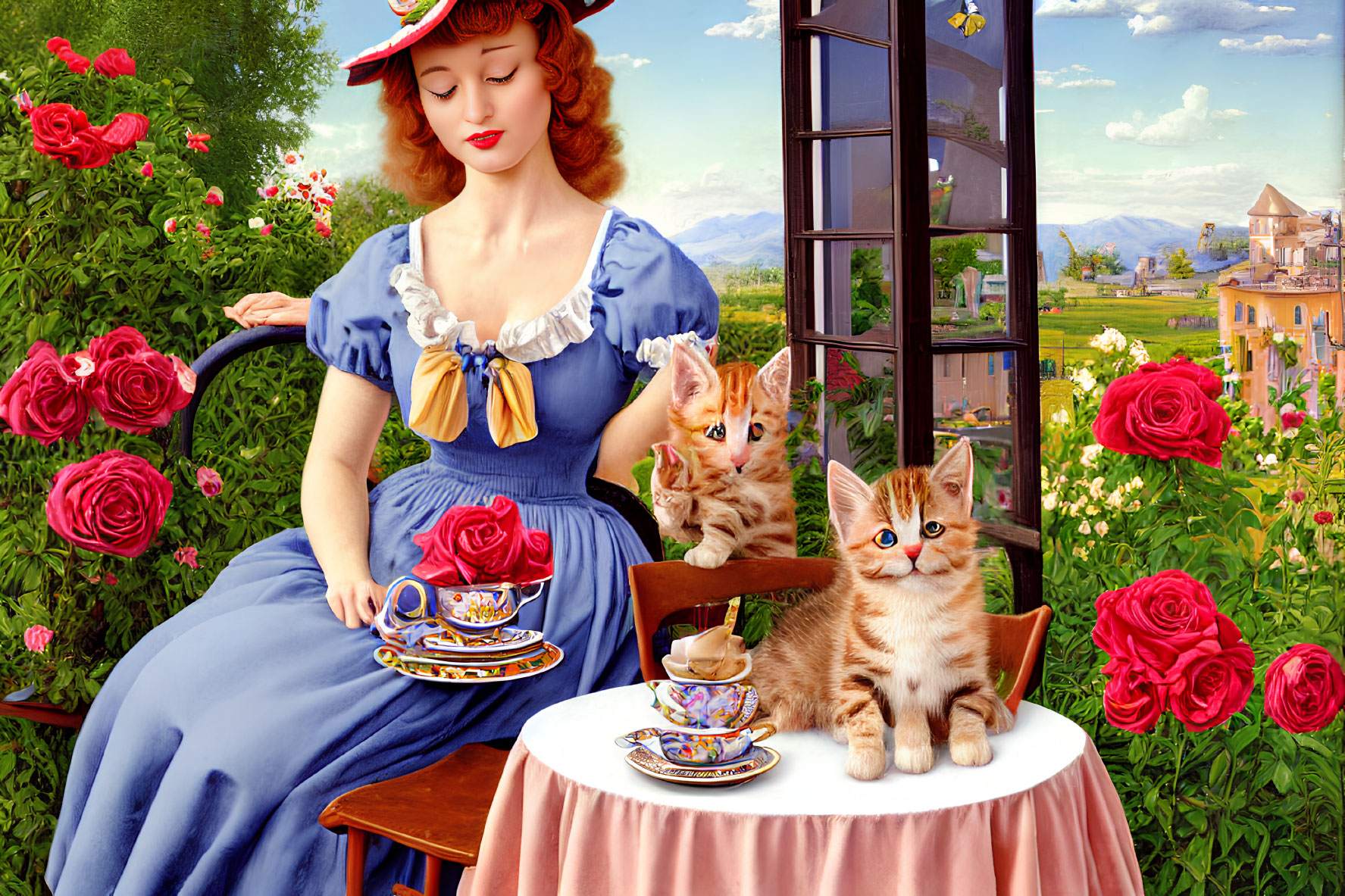 Vintage-style illustration of woman in blue dress with tea, kittens, and roses in pastoral scene