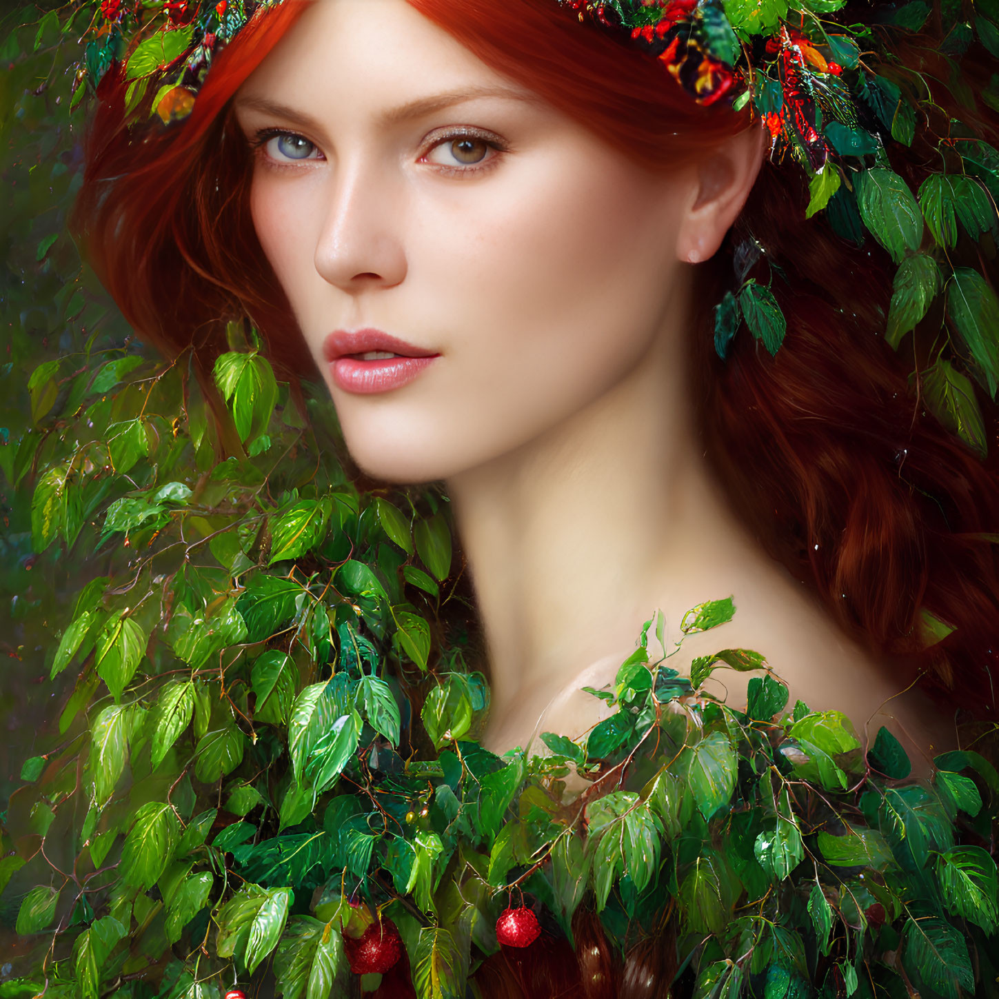 Red-haired woman with green leaves and berries in her hair.