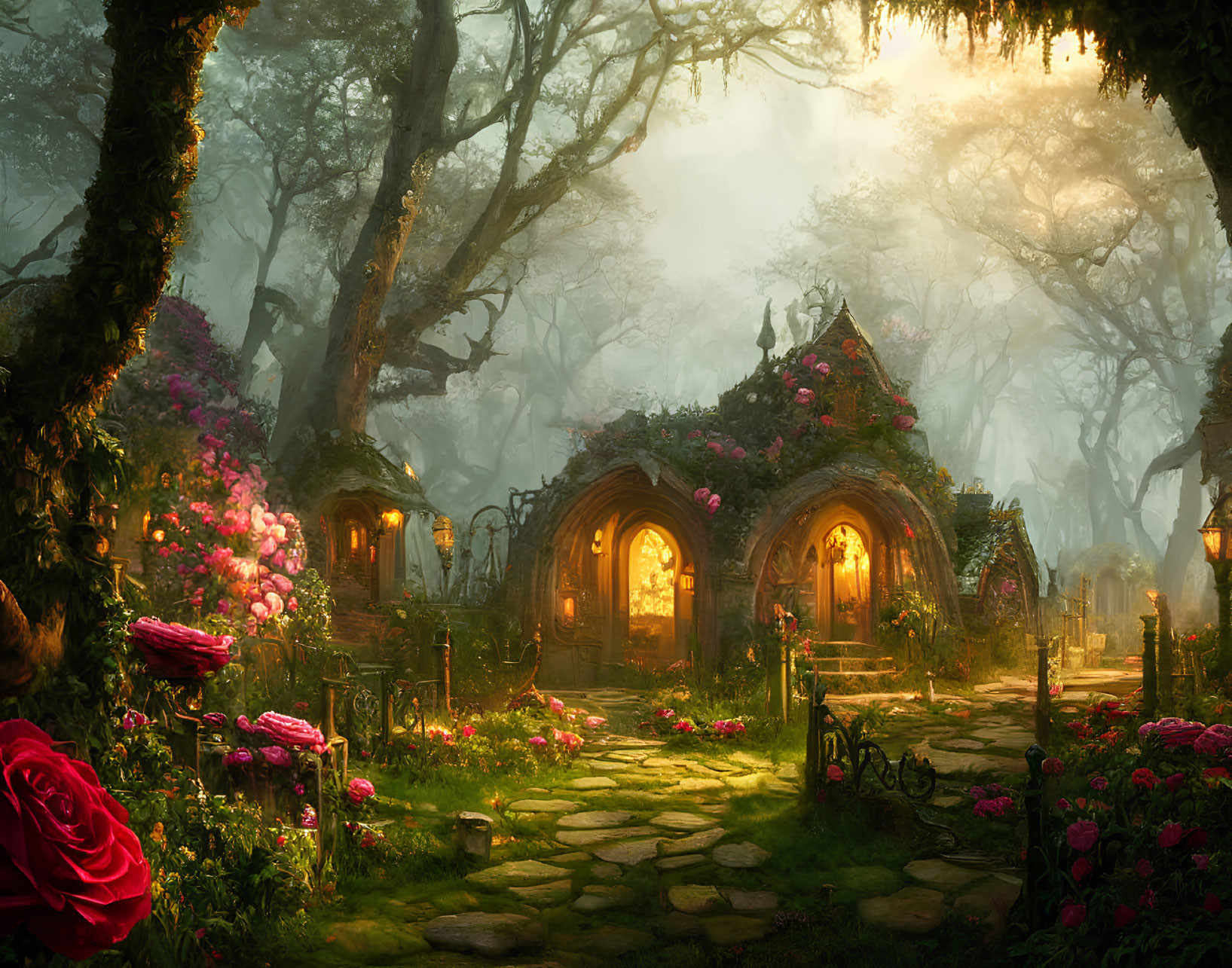 Mystical forest scene with glowing cottages and pink roses