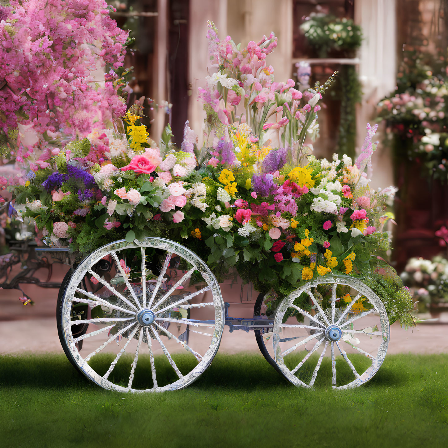 Assorted flowers overflowing from ornate white cart against pink blooms and elegant building