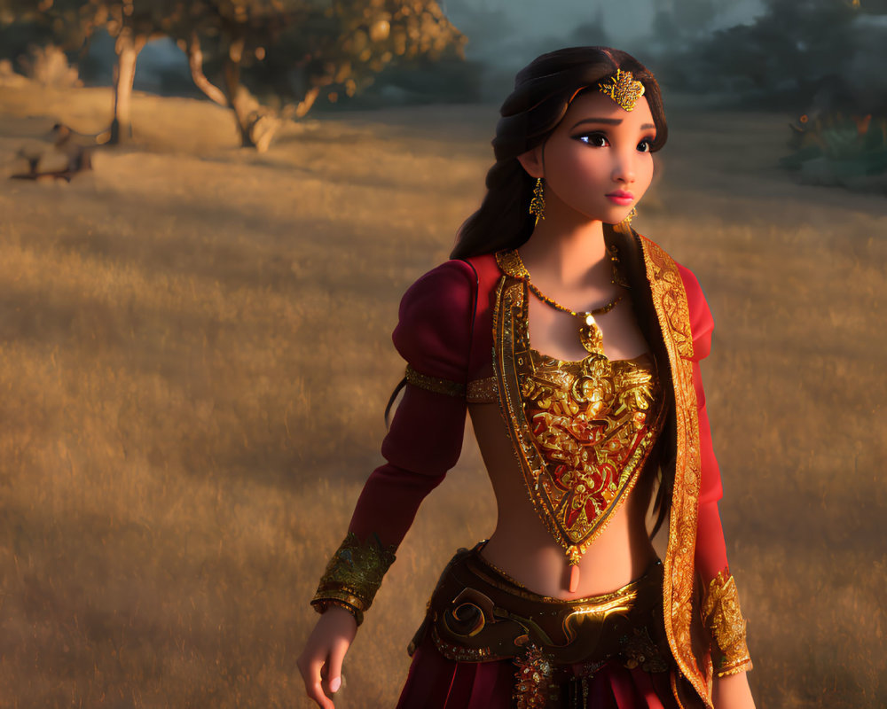 Traditional Indian Attire: Animated Woman in Gold Jewelry on Savanna