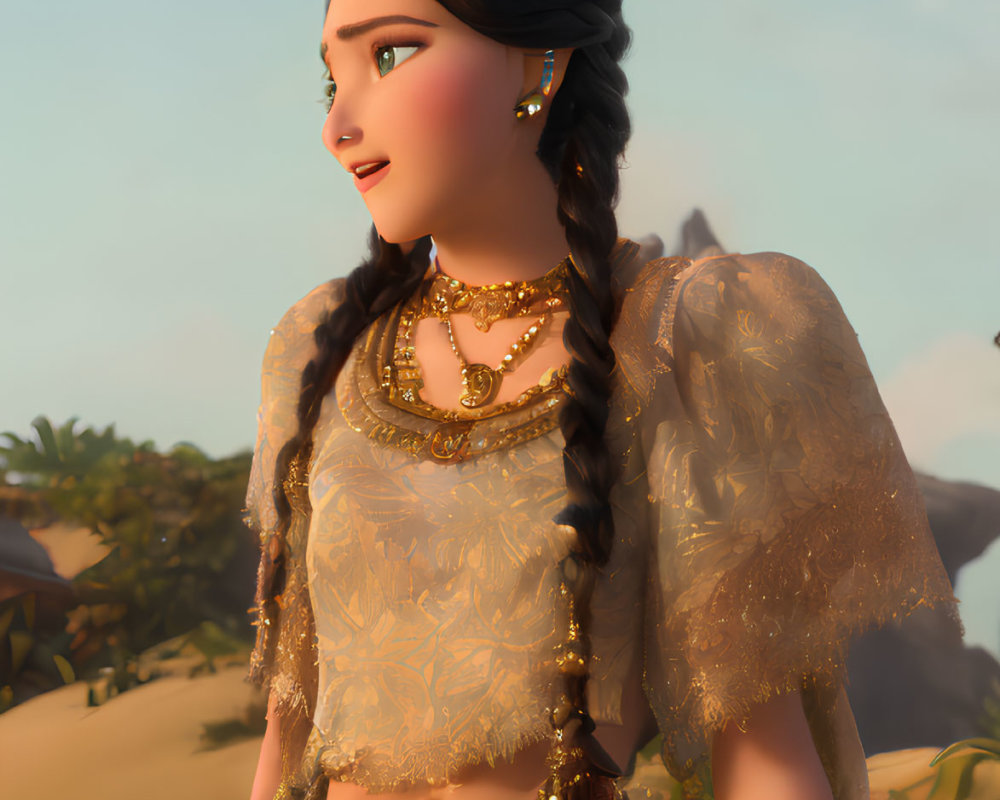 Animated woman with braid in gold jewelry and sheer blouse against warm sky