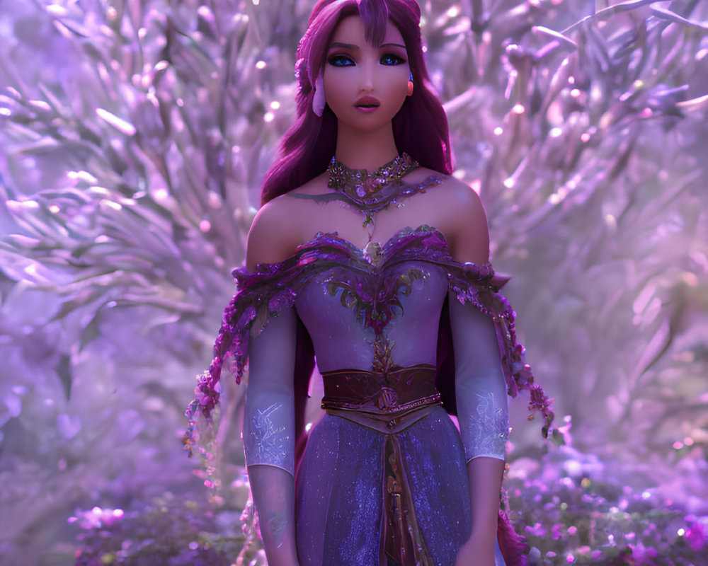 Fantasy female character with purple hair in elegant dress in mystical floral setting