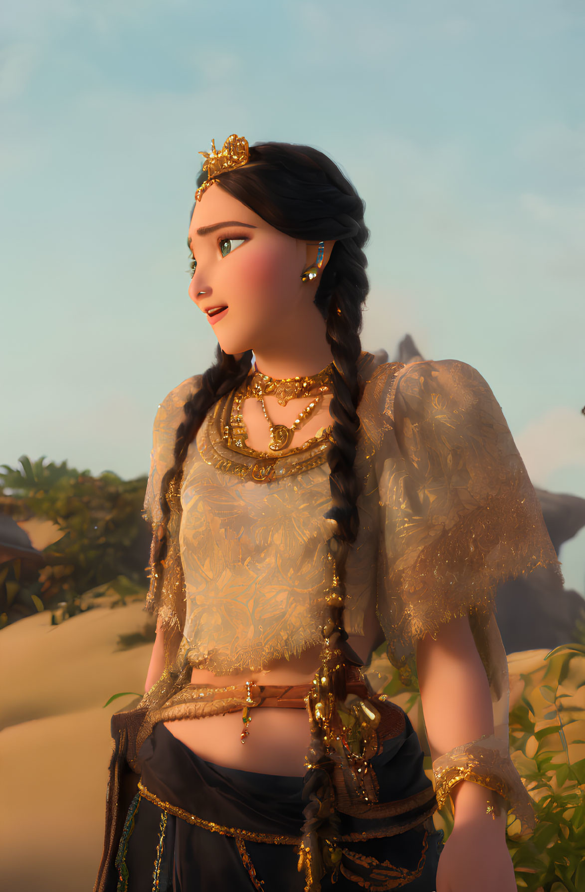 Animated woman with braid in gold jewelry and sheer blouse against warm sky