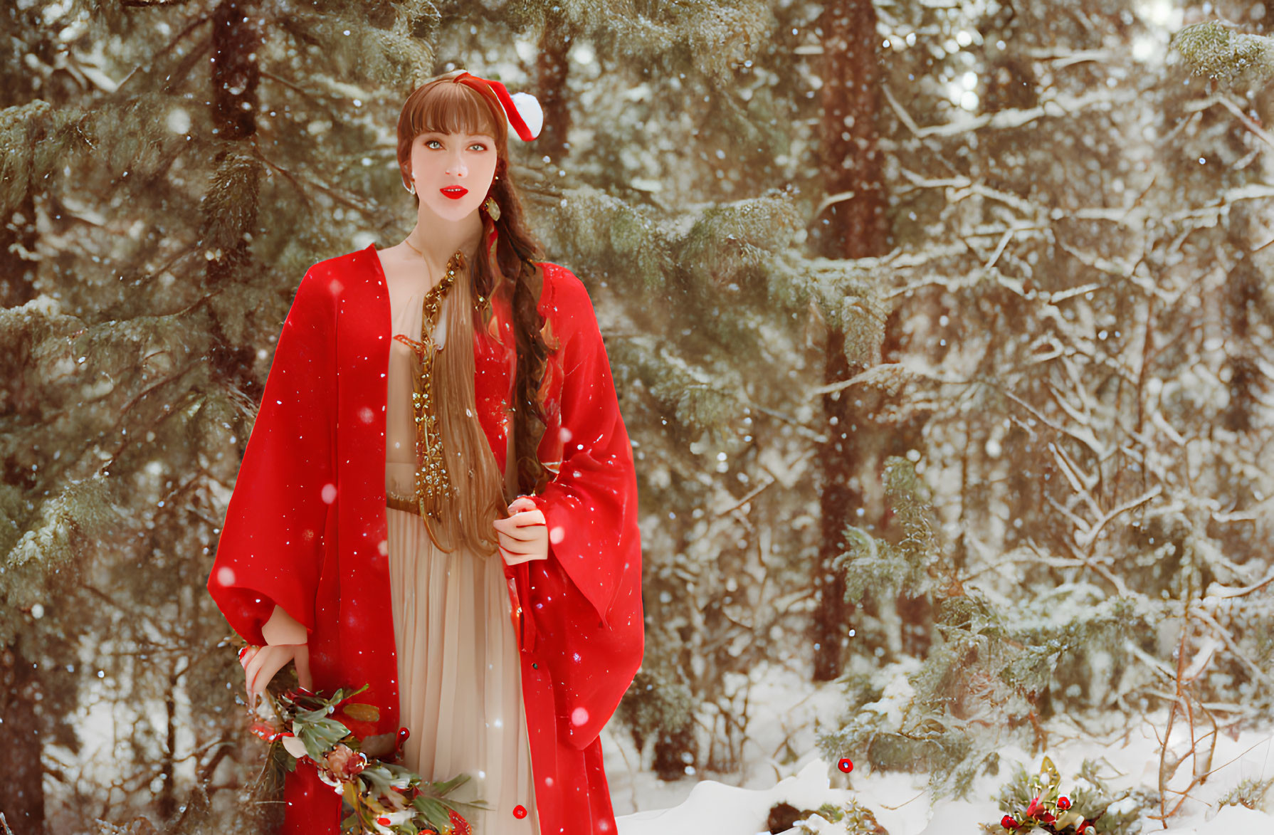 Woman in red cloak and dress with wreath in snowy pine forest