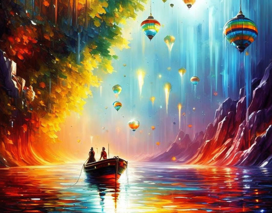 Colorful Artwork: Boat, Hot Air Balloons, Light Beams, Autumnal Trees