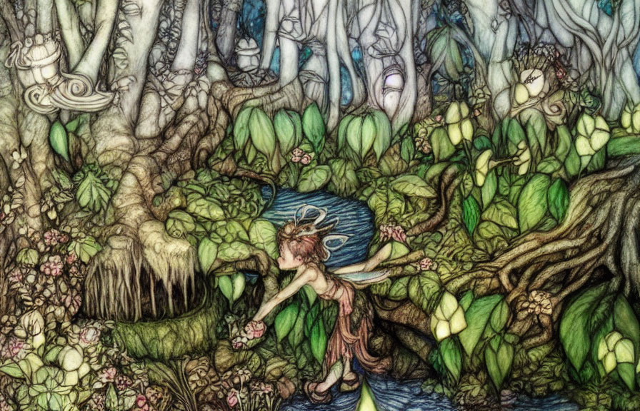Enchanting forest scene with fairy among lush foliage