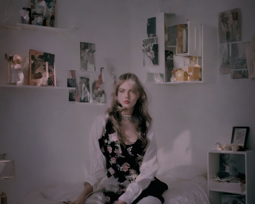 Woman sitting on bed with Polaroid photos and candles in dimly lit room