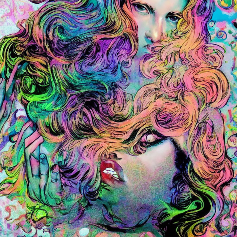 Colorful Artwork: Stylized Female Faces with Multicolored Hair on Psychedelic Background