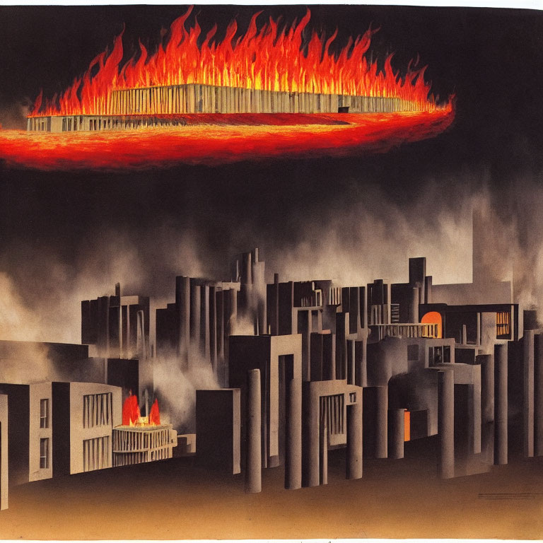 Cityscape artwork with UFO-like fiery object in dark background